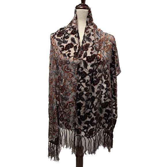 Silk Burnout Velvet Satin Floral Scarf Black Brown Fringe 20 X 68 Inch - Picture 11 of 11